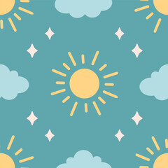 Minimalist abstract seamless pattern with clouds, sun and stars. Seamless pattern for wallpaper, textile, fabric, wrapping paper. Vector illustration in flat style