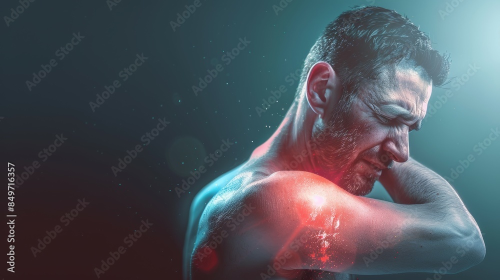 Poster A man with a red mark on his arm is in pain, acute pain concept