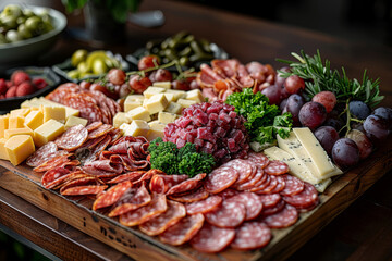 Obraz premium A beautifully arranged charcuterie board with cheeses, meats, and fruits. Concept of appetizers and entertaining. Generative Ai.