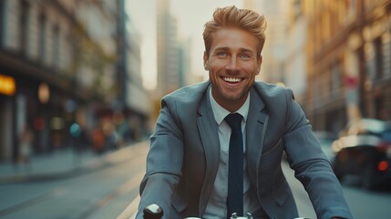 Fototapeta premium Smiling young businessman riding a bicycle in the city 