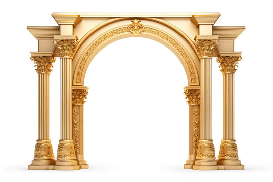 Golden ornamental arch with columns. Cut out on transparent	