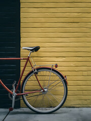 Parte de una bicicleta sobre pared amarilla