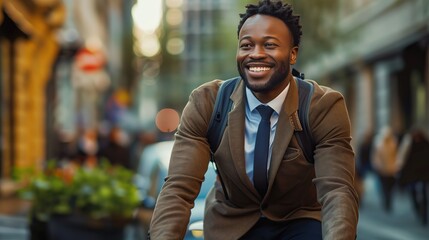 Fototapeta premium Smiling young businessman riding a bicycle in the city 