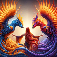Obraz premium two phoenix birds facing each other, one blue and the other fire, with a red-haired woman in the background