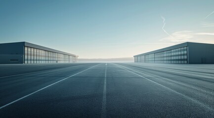 A large empty parking lot with two large buildings in the background, modern terminal hangars, warehouse or factory