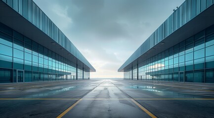 A large building with a large parking lot in front of it, modern terminal hangars, warehouse or factory