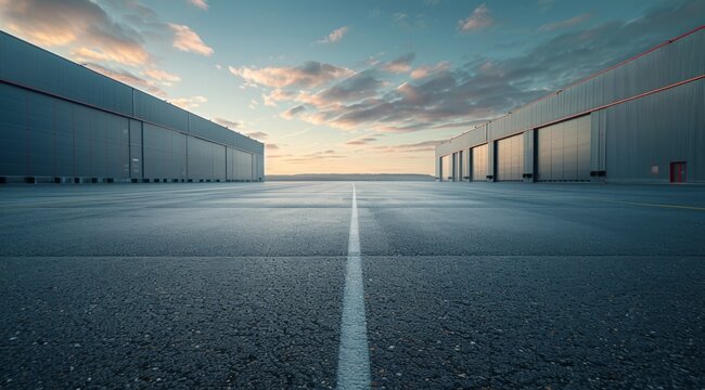 A large empty parking lot with a white line down the middle, modern terminal hangars, warehouse or factory