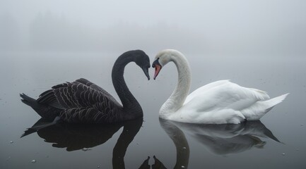 Two swans are swimming in a lake, one black and one white, abstract heart romantic love concept