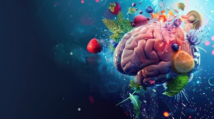 Brain nutrition with healthy food in futuristic style on blue. AI generated image