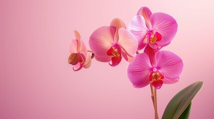 Beautiful pink orchid flower in full bloom against a soft pink background, showcasing its delicate petals and vibrant colors.