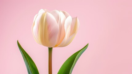 Close-up of a beautiful pink tulip against a soft pastel pink background, showcasing delicate petals and green leaves.