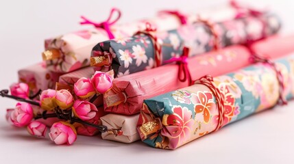 Elegant floral wrapping paper rolls, adorned with pink and red blossoms, perfect for gift wrapping and craft projects.
