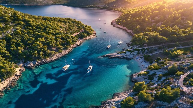 Aerial panoramic view of Palmizana summer leisure sailing cove and turquoise beach on Pakleni Otoci islands archipelago of Hvar in Croatia : Generative AI