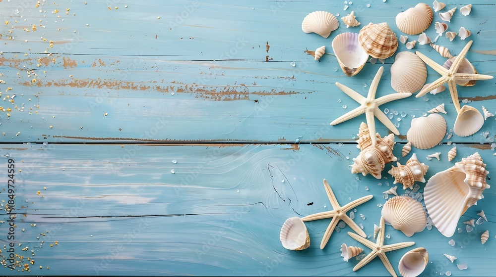 Poster seashells and starfish on a blue rustic wooden background holiday and vacation concept top view copy