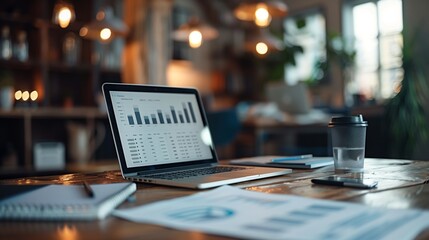 Documents showing metrics on desk with laptop in office
