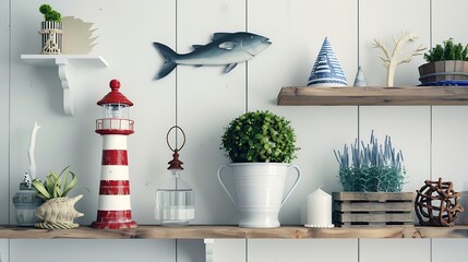 decorative fish lighthouse and plants against white wall on wooden shelves form nautical seaside display : Generative AI © The Little Hut
