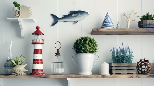 decorative fish lighthouse and plants against white wall on wooden shelves form nautical seaside display : Generative AI