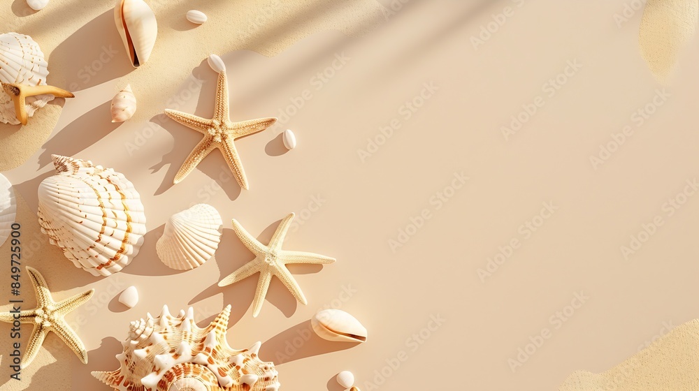 Poster seashells and starfish with shadows on beige pastel background at sunlight summer vacation concept n