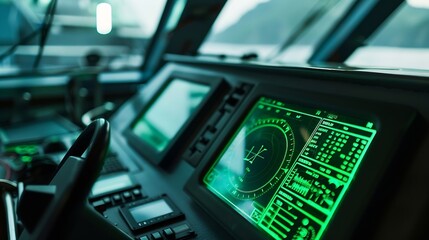 Fototapeta premium Radar screen with green display indication on a captains bridge of modern ship : Generative AI