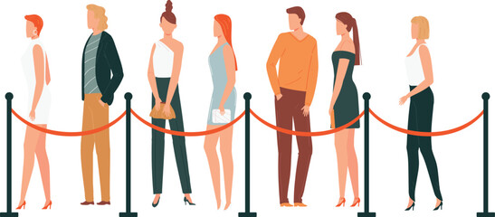 Diverse group waiting line roped queue area stanchions. Adults stand patiently event entrance fashionable clothing. Modern flat design people vector isolated white background