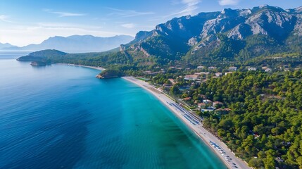 Fototapeta premium Kemer Antalya Turkey Aerial view of Moonlight Beach in Kemer Beautiful turquoise colors of Mediterranean sea Drone shot : Generative AI