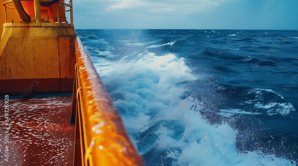 Poster sea water and spray splashing on main deck of a cargo ship or bulk carrier : generative ai