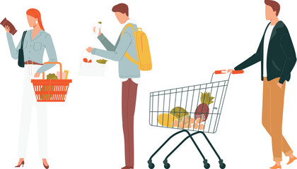 Woman holding shopping basket examining product, casual outfit. Man inspecting lettuce plastic bag, yellow backpack. Male pushing cart groceries, stylish clothing, supermarket shopping
