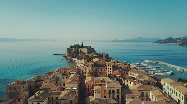 drone view of corfu town with Old Fortress in background in corfu Greece : Generative AI