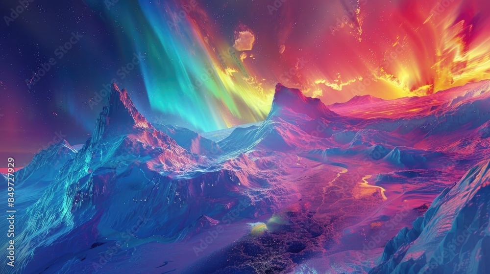 Wall mural an ice realm where the aurora borealis colors everything, creating a vibrant, glowing landscape - Wall murals
