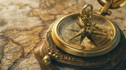 Retro style antique golden compass sundial and old nautical chart closeup Vintage still life Sailing accessories Wanderlust travel and navigation theme Graphic resources copy space : Generative AI
