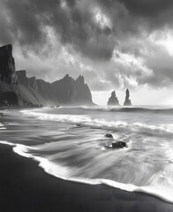 Beautiful Night Scene of Waves and Mountains in long exposure