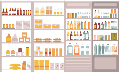 Supermarket shelves stocked various groceries, items organized, shopping display. Grocery store interior, food drinks products neatly arranged shelves. Supermarket aisle empty