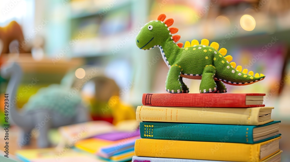 Wall mural A green stuffed dinosaur sits on top of a stack of colorful books.