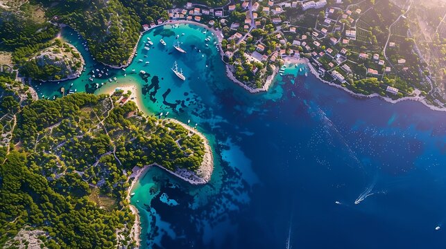 Aerial panoramic view of Palmizana summer leisure sailing cove and turquoise beach on Pakleni Otoci islands archipelago of Hvar in Croatia : Generative AI