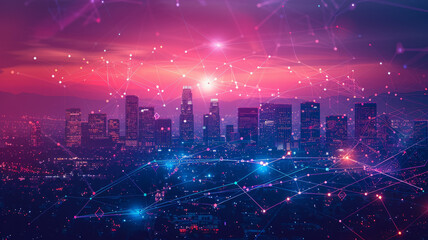 communication and network connection concept, a city skyline with jumping network lines illustated.generative ai