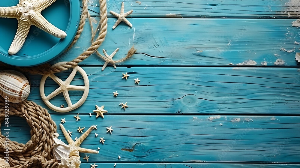 Poster Nautical and summer background top view on wooden background : Generative AI