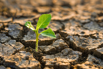 A cracked dry earth with a lone green sprout emerging.