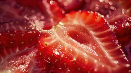 Strawberry slice macro close-up. Fresh strawberry texture surface for wallpaper banner background with copyspace