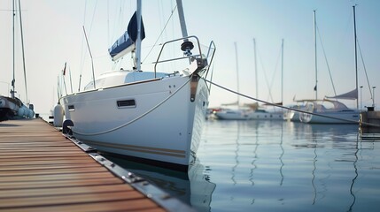 Fototapeta premium White cruising sailboat moored to a pier in a new yacht marina Nautical vessel transportation sport regatta vacations recreation leisure activity tourism yacht club service : Generative AI