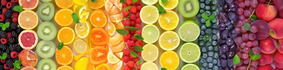 Fresh food collage of different fruits, vegetables and berries. Rainbow wallpaper banner background with copyspace