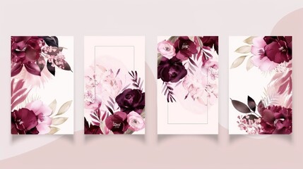Set of wedding invitation card templates with pink and burgundy floral and leaves decoration