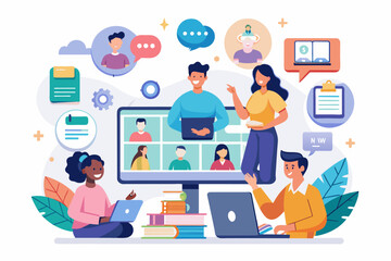 people are sitting around a computer with a screen showing a video, collaborative online space for educators to share resources and best practices