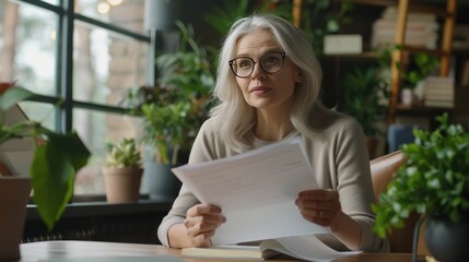 A woman in a white sweater is reading a piece of paper