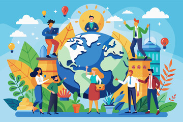 Fototapeta premium people are standing around the earth with plants and a laptop, corporate social responsibility initiative supporting environmental sustainability and social impact