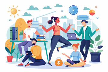 people doing yoga in the office, corporate wellness program promoting physical activity and stress management techniques for employees