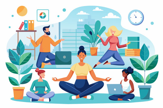 people doing yoga in the office, corporate wellness program promoting physical activity and stress management techniques for employees
