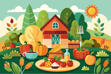 a farm with a barn, a barn, and a lot of food, farm-to-table restaurant concept highlighting seasonal ingredients sourced from local farmers