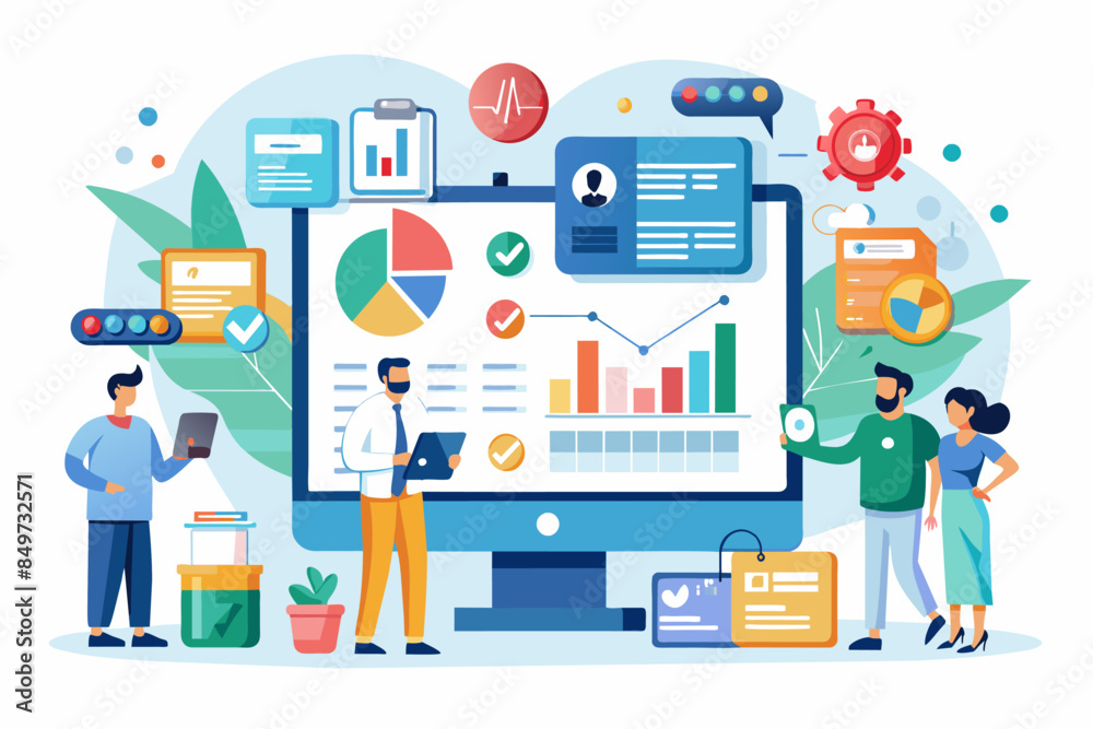 Poster a man standing in front of a computer screen with graphs and other items, healthcare data analytics 