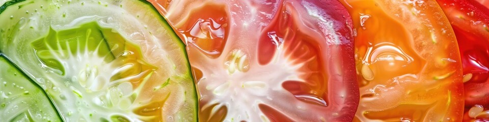 Slice cut vegetables macro close-up. Fresh vegetable texture surface for wallpaper banner background with copyspace