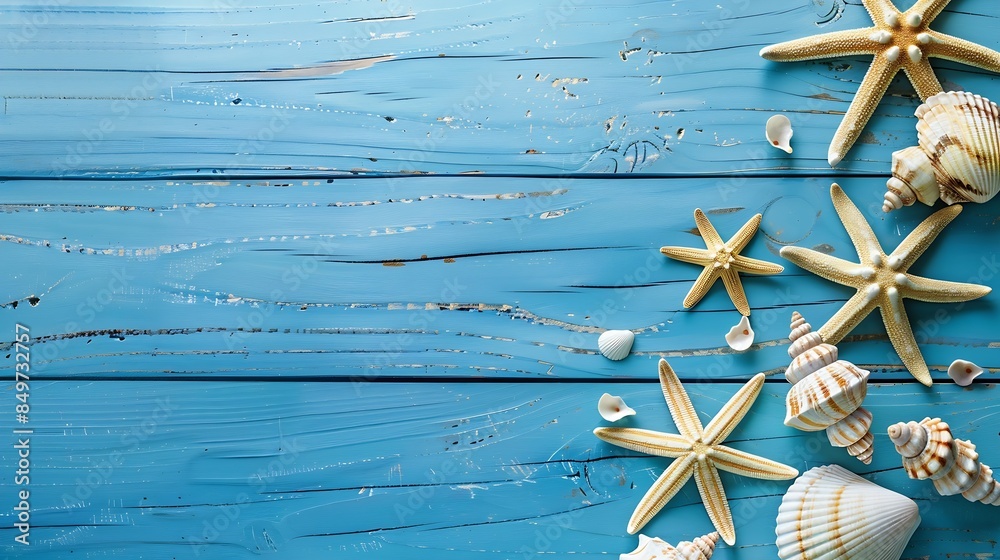Poster seashells and starfish on a blue rustic wooden background holiday and vacation concept top view copy